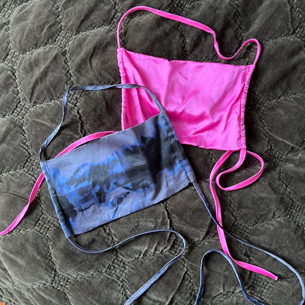 KES NYC silk satin face masks tie dye and hot pink